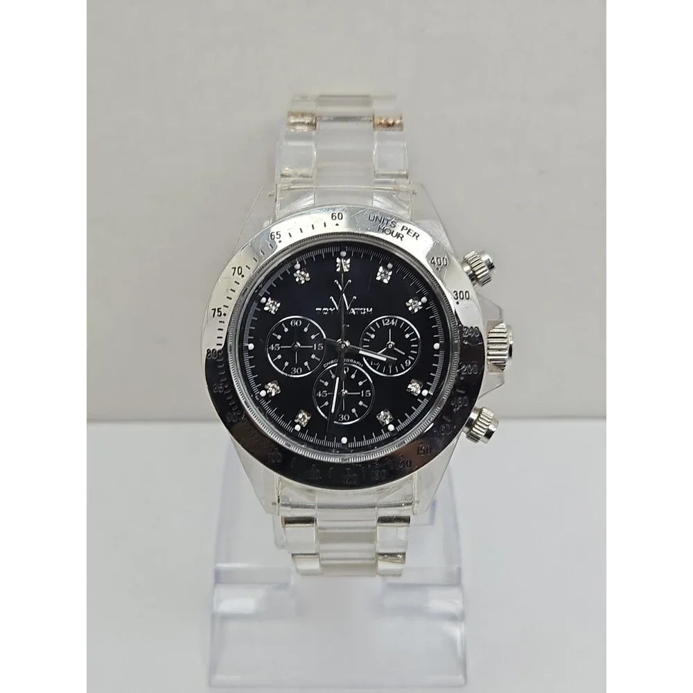 ToyWatch Unisex Black Mother Of Pearl Chronograph Clear Watch New Battery